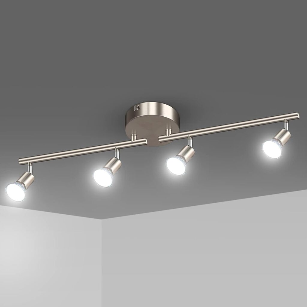 Uchrolls LED Ceiling Light Rotatable,4 Way Modern Ceiling Spotlight for Kitchen, Living Room and Bedroom, Complete with4X 4W GU10 LED Light Bulbs (450LM, Cool White)- Matte Nickel