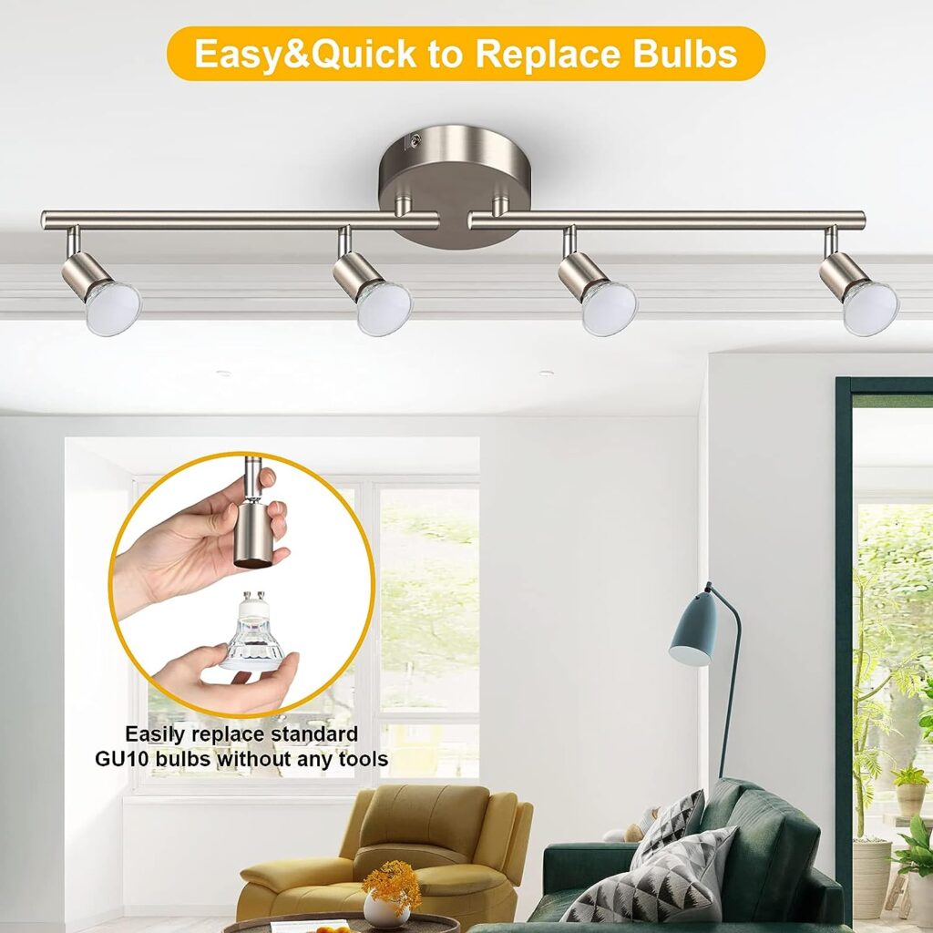 Uchrolls LED Ceiling Light Rotatable,4 Way Modern Ceiling Spotlight for Kitchen, Living Room and Bedroom, Complete with4X 4W GU10 LED Light Bulbs (450LM, Cool White)- Matte Nickel