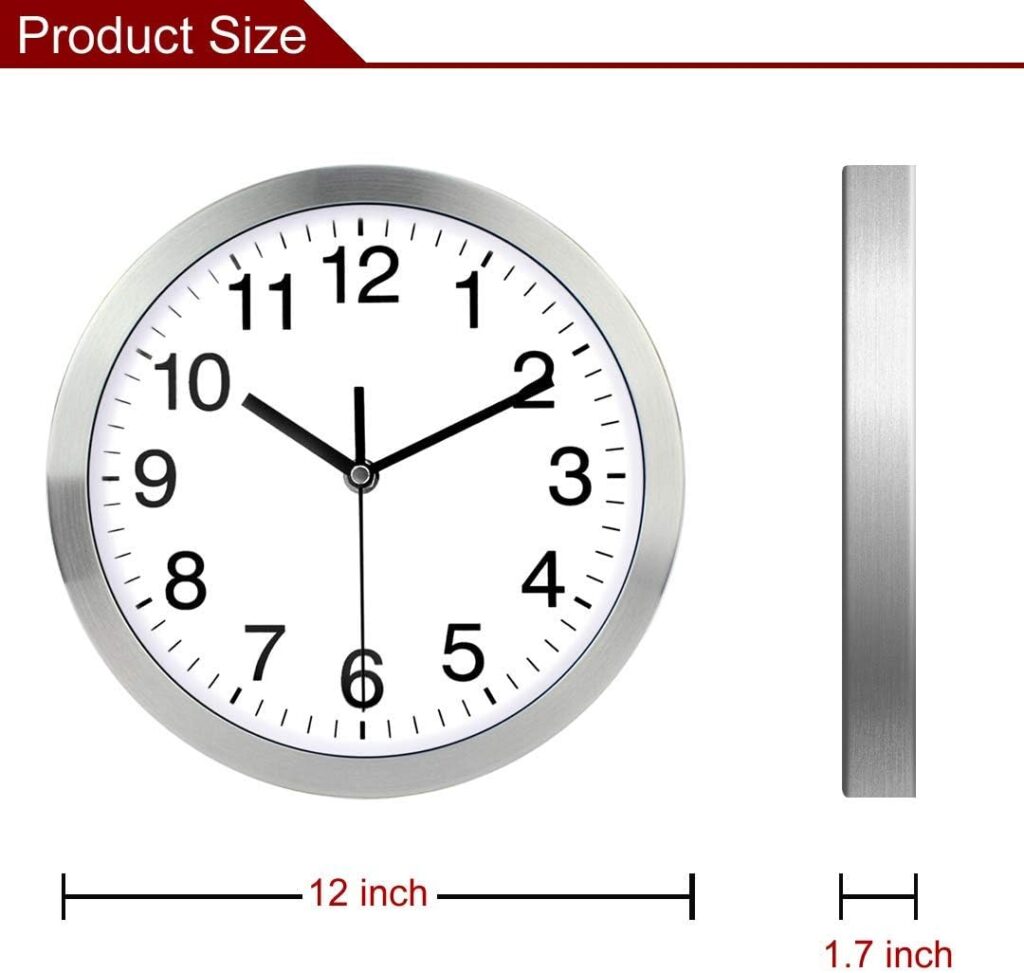 Wall Clock 12 Inch Metal Frame Glass Cover Non-ticking Number Quartz Wall Clock Modern Quartz Design Decorative Indoor/Kitchen(Silver)