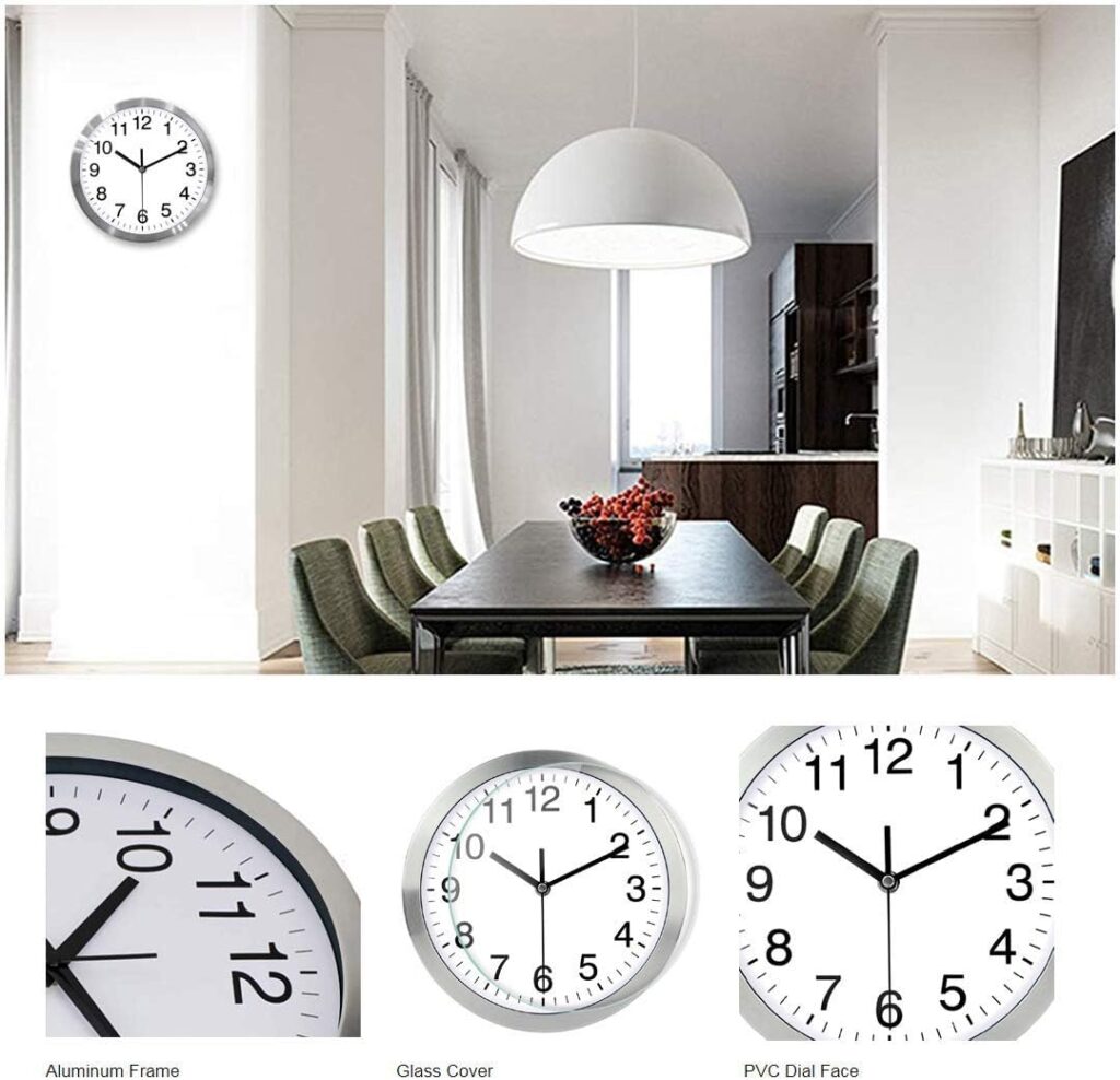 Wall Clock 12 Inch Metal Frame Glass Cover Non-ticking Number Quartz Wall Clock Modern Quartz Design Decorative Indoor/Kitchen(Silver)