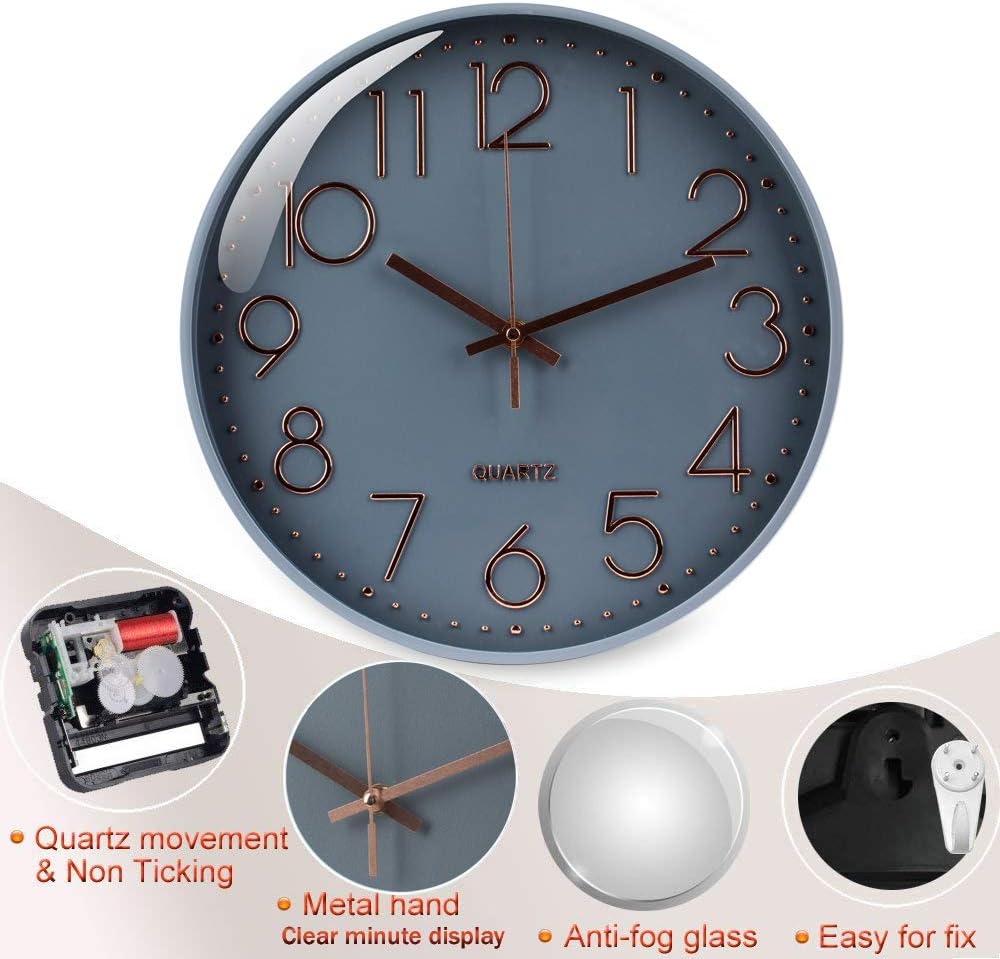 Wall Clock Battery Operated Silent Non-ticking Wall Clock 12 Inch Modern Quartz Design Decorative Indoor Kitchen Office Grey