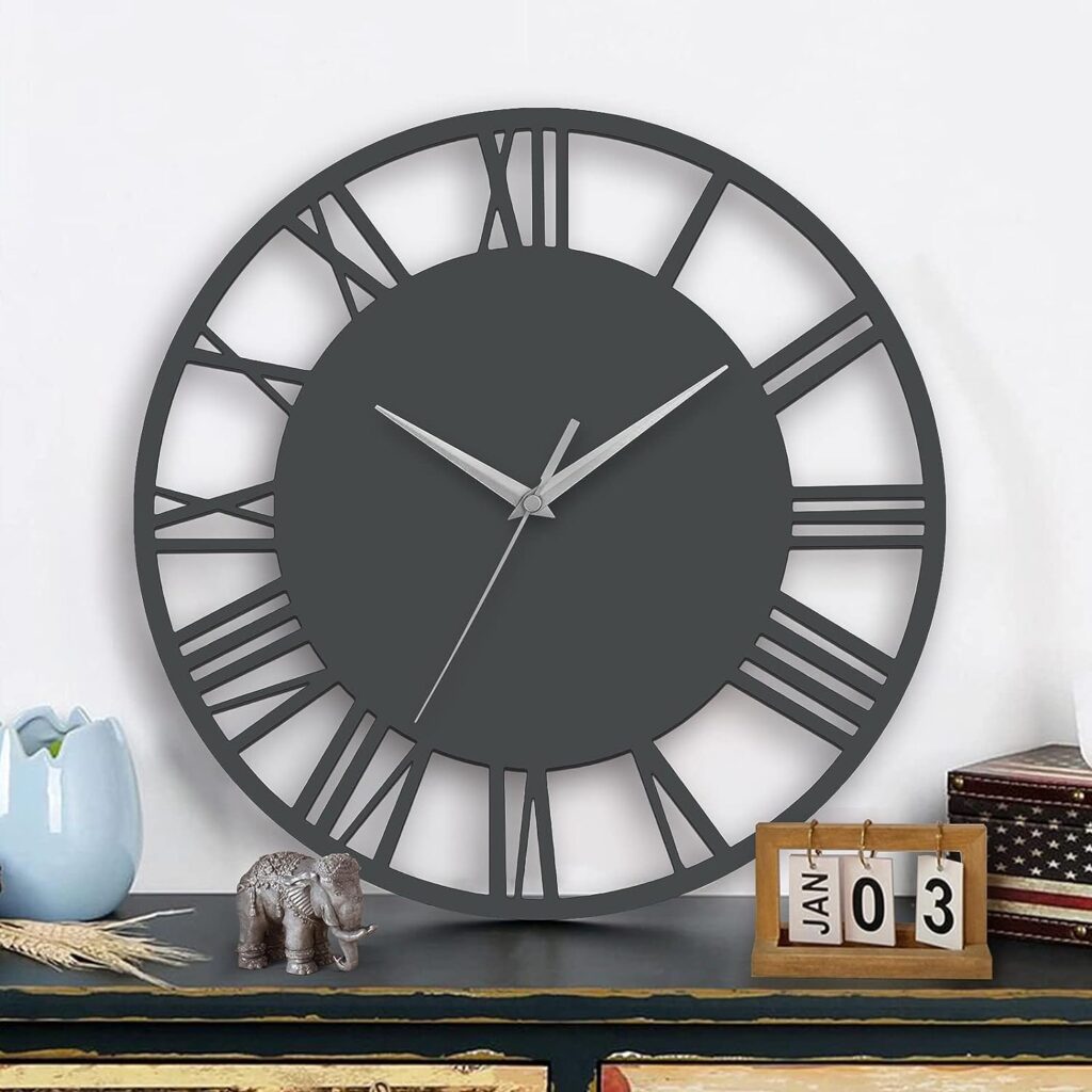 Warmiehomy Big Wall Clock 30cm Round Wall Clock Vintage Roman Numeral Silent Non-ticking Hanging Clock for Home Garden Office Restaurant Hotel Cafe Decoration, Grey, Silver Pointer
