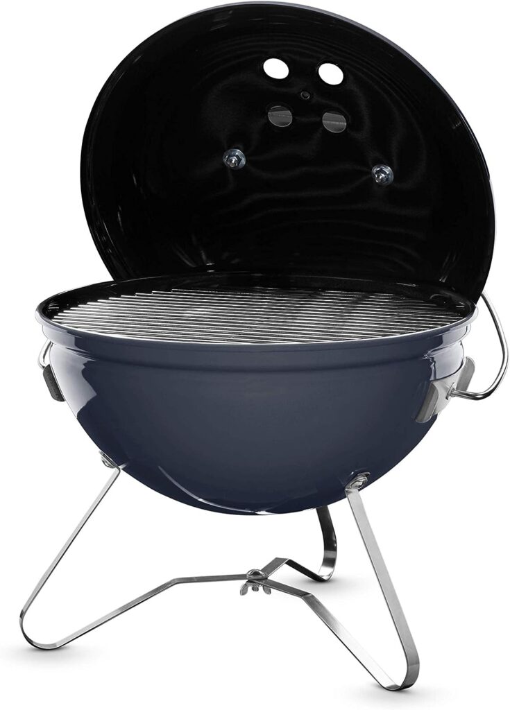 Weber Smokey Joe Premium Charcoal Grill Barbeque, 37cm | Portable BBQ Grill with Tuck-N-Carry Lid Cover Plated Steel Legs | Folding Outdoor Cooker | Porcelain-Enamelled Bowl - Slate Blue (1126804)