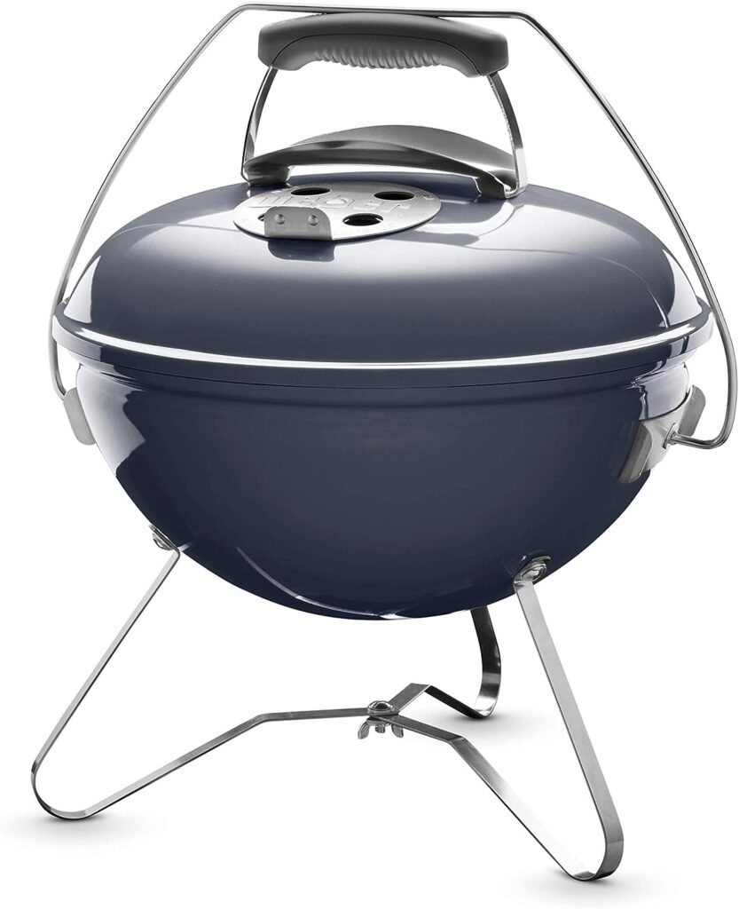 Weber Smokey Joe Premium Charcoal Grill Barbeque, 37cm | Portable BBQ Grill with Tuck-N-Carry Lid Cover Plated Steel Legs | Folding Outdoor Cooker | Porcelain-Enamelled Bowl - Slate Blue (1126804)