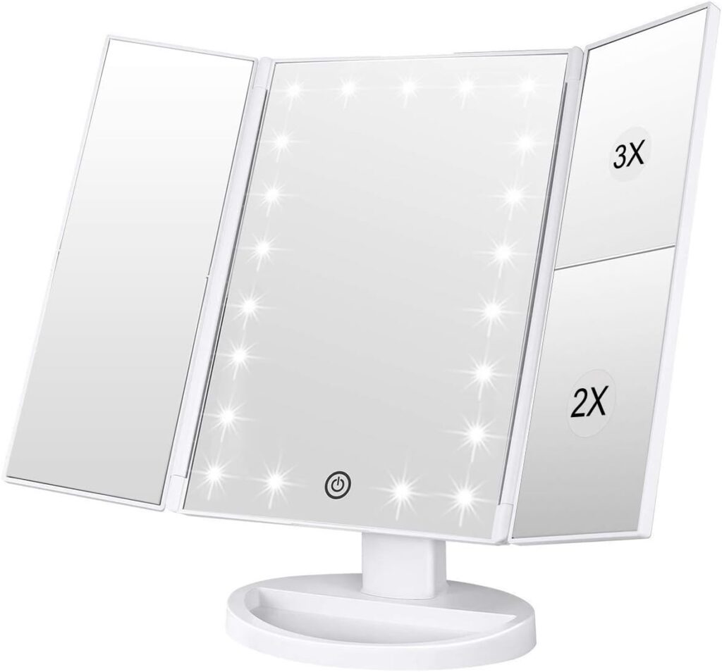 WEILY Vanity Makeup Mirror,1x/2x/3x Tri-Fold Makeup Mirror with 21 LED Lights, Adjustable Touch Screen Lighted Mirror Dressing Mirror, gift for women (white)