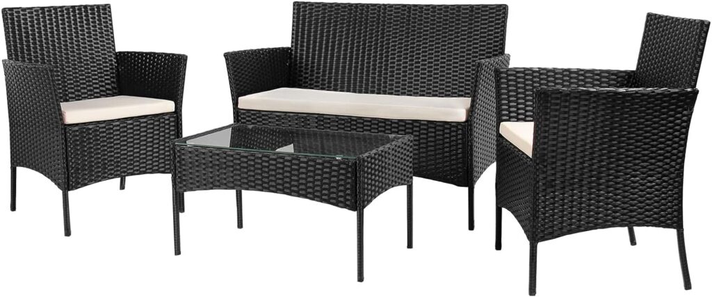 Xhomrattan Rattan Garden Furniture Sets, 4 Piece Outdoor Garden Patio Furniture with Thick Cushion, 2 Seaters Wicker Rattan Sofa, Chairs, Coffee Table for Backyard, Lawn, Balcony, Conservatory, Black