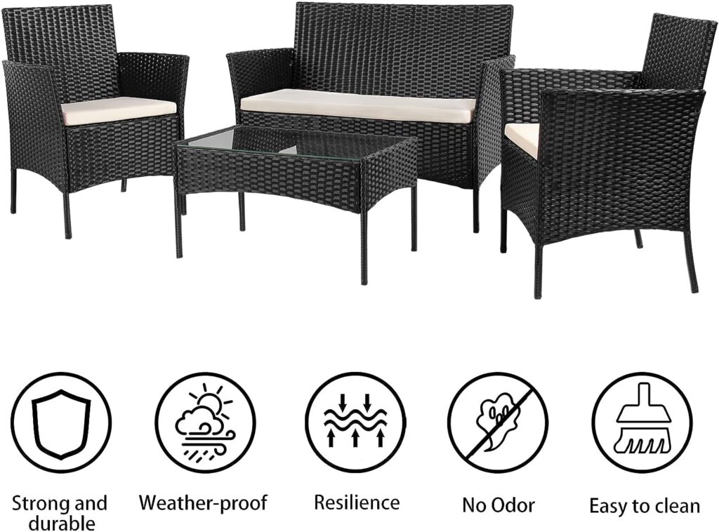 Xhomrattan Rattan Garden Furniture Sets, 4 Piece Outdoor Garden Patio Furniture with Thick Cushion, 2 Seaters Wicker Rattan Sofa, Chairs, Coffee Table for Backyard, Lawn, Balcony, Conservatory, Black