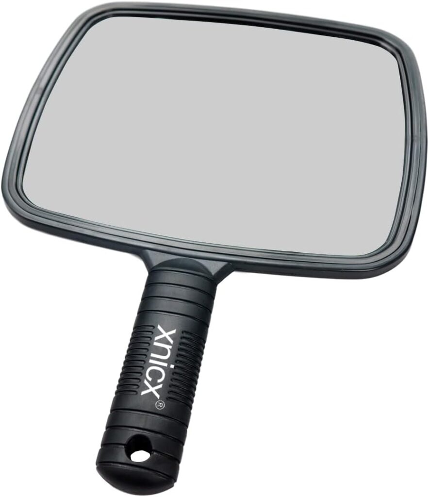 xnicx Hand Mirror Professional Hand Held Mirror Barbers Shaving Salon Mirrors Hairdressers Compact Mirror Tool with Handle for Travel Festival Essentials Black