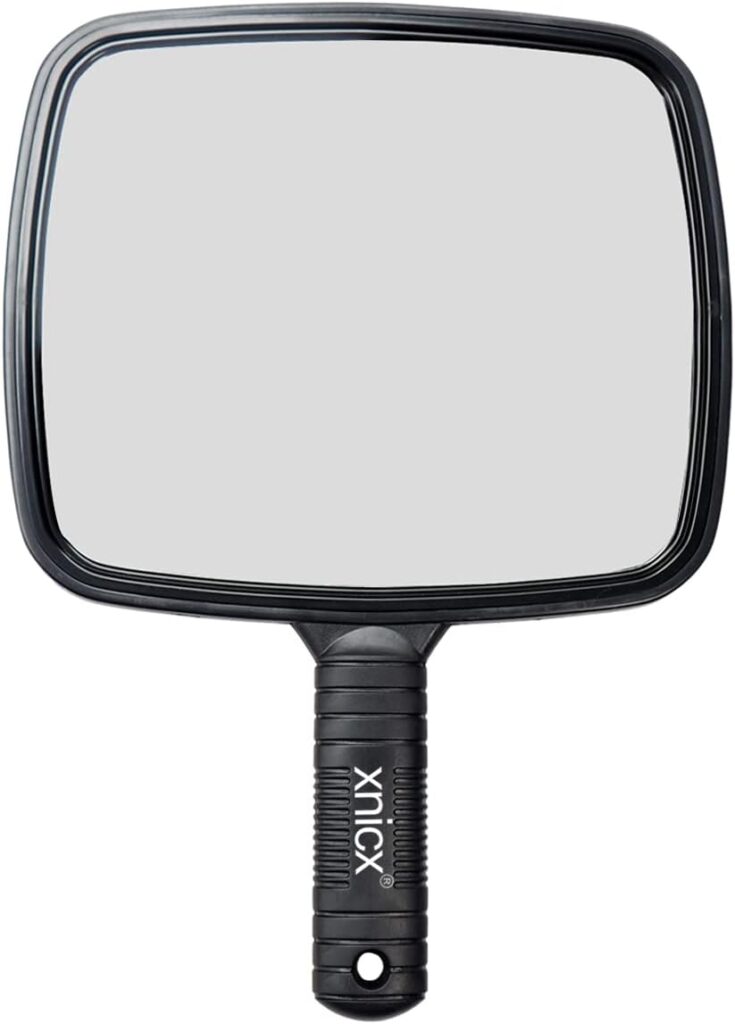 xnicx Hand Mirror Professional Hand Held Mirror Barbers Shaving Salon Mirrors Hairdressers Compact Mirror Tool with Handle for Travel Festival Essentials Black