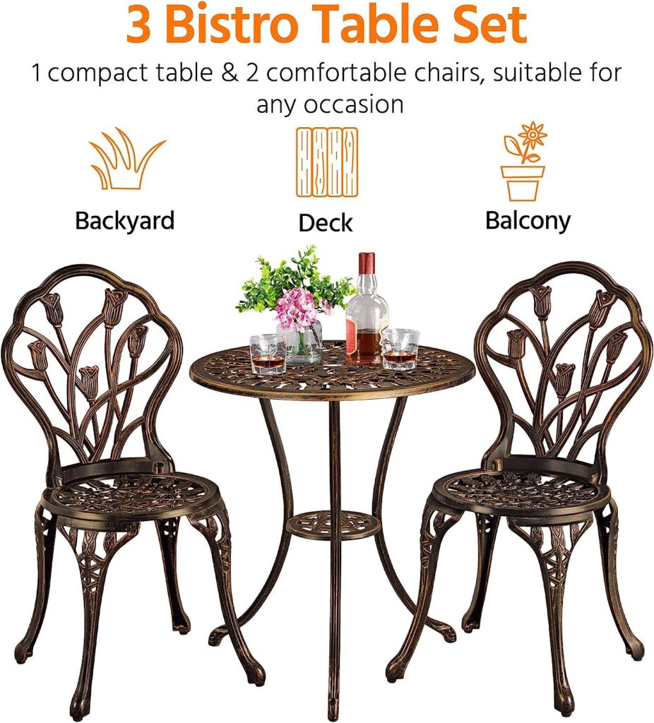 Yaheetech Garden Bistro Set Round Aluminum Patio Table with 2 Chairs - Outdoor Garden Furniture Set,Bronze