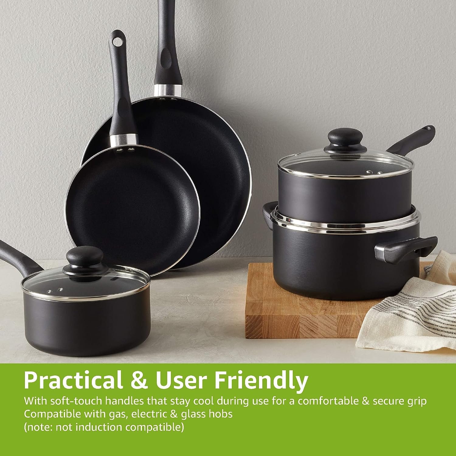 Amazon Basics 8-Piece Non-Stick Cookware Set, Black Review - Colormazen
