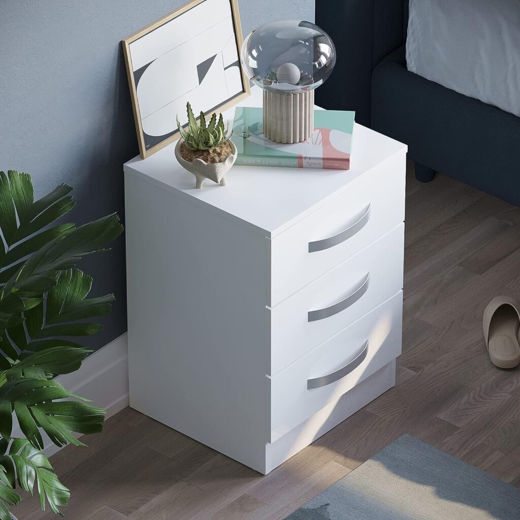 Amazon Brand - Movian High Gloss 3 Drawer Bedside Rectangular Nightstand Cabinet, White, 36 cm D x 40 cm W x 56 cm H