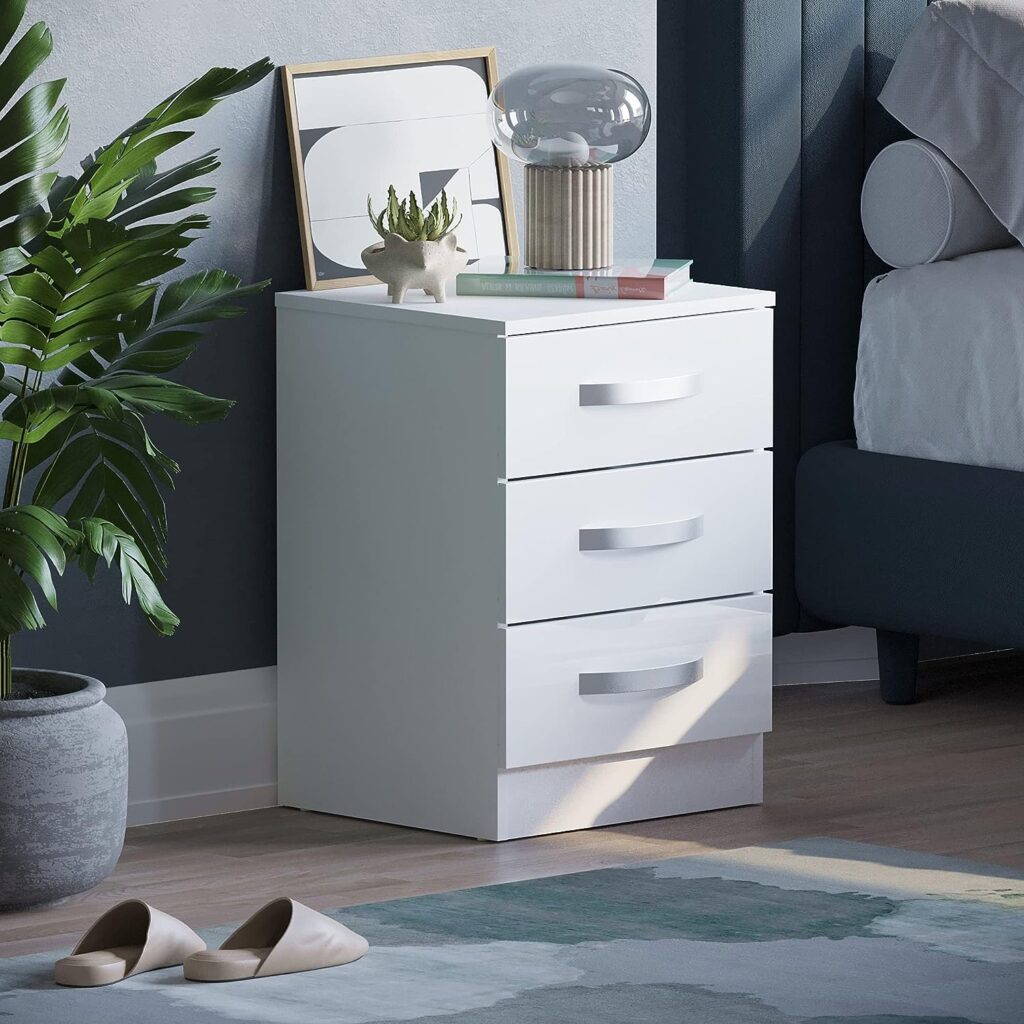 Amazon Brand - Movian High Gloss 3 Drawer Bedside Rectangular Nightstand Cabinet, White, 36 cm D x 40 cm W x 56 cm H