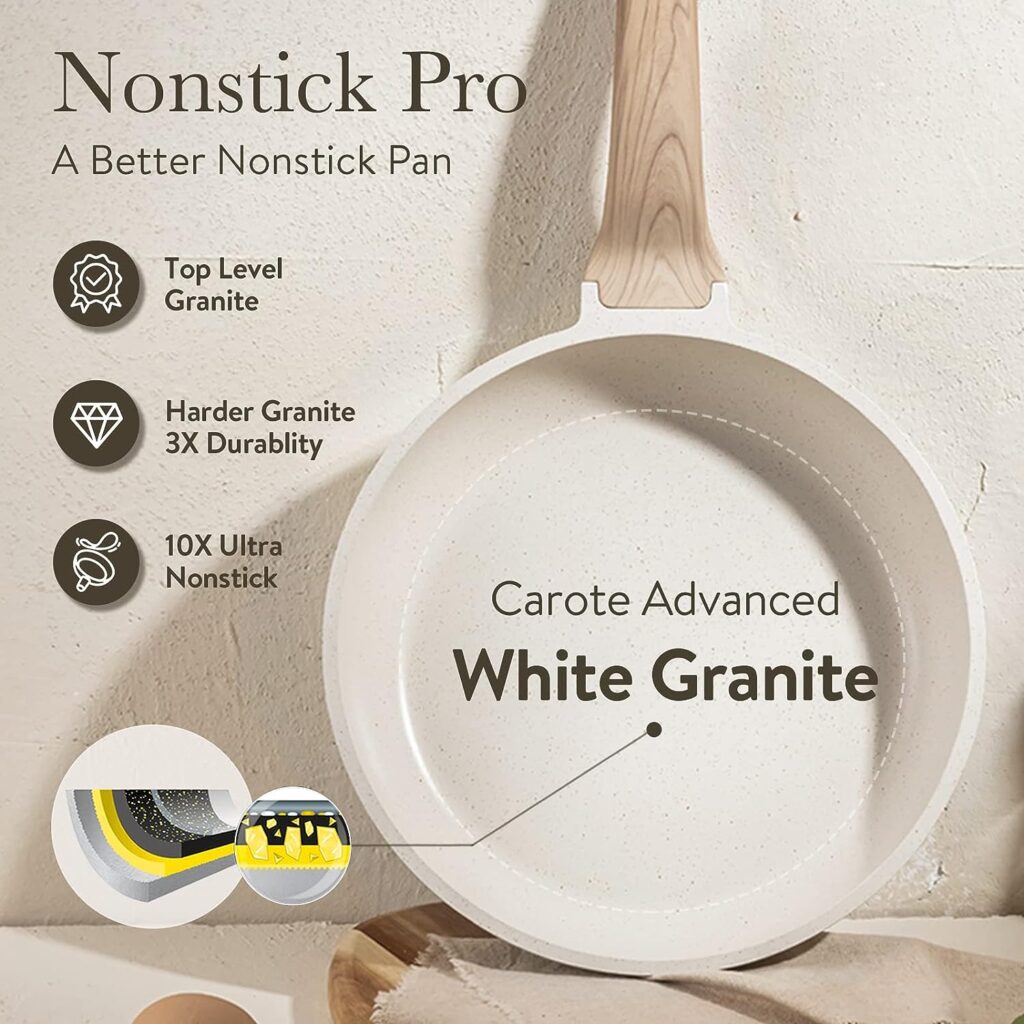CAROTE Nonstick Pots and Pans Set, Granite Kitchen Cookware Sets, Non Stick Natural Stone Cooking Set with Frying Pans,Suitable for All Stoves Include Induction (11pcs White Granite Set)