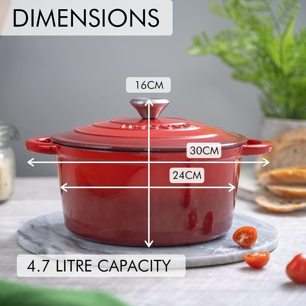 Cast Iron Pot with Lid – Non-Stick Ovenproof Enamelled Casserole Pot – Sturdy Dutch Oven Cookware – Red, 4.7L, 24cm – by Nuovva