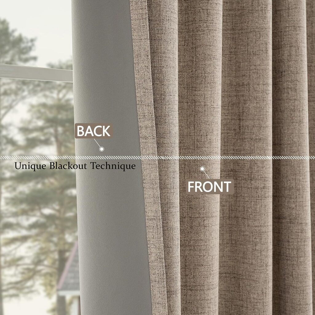 CUCRAF Energy Saving Full Blackout Curtains Eyelet Thermal Insulated Bedroom Pair Curtains Window Treatments with Coating Back Layer 46 x 72 Inch Linen Color Set of 2