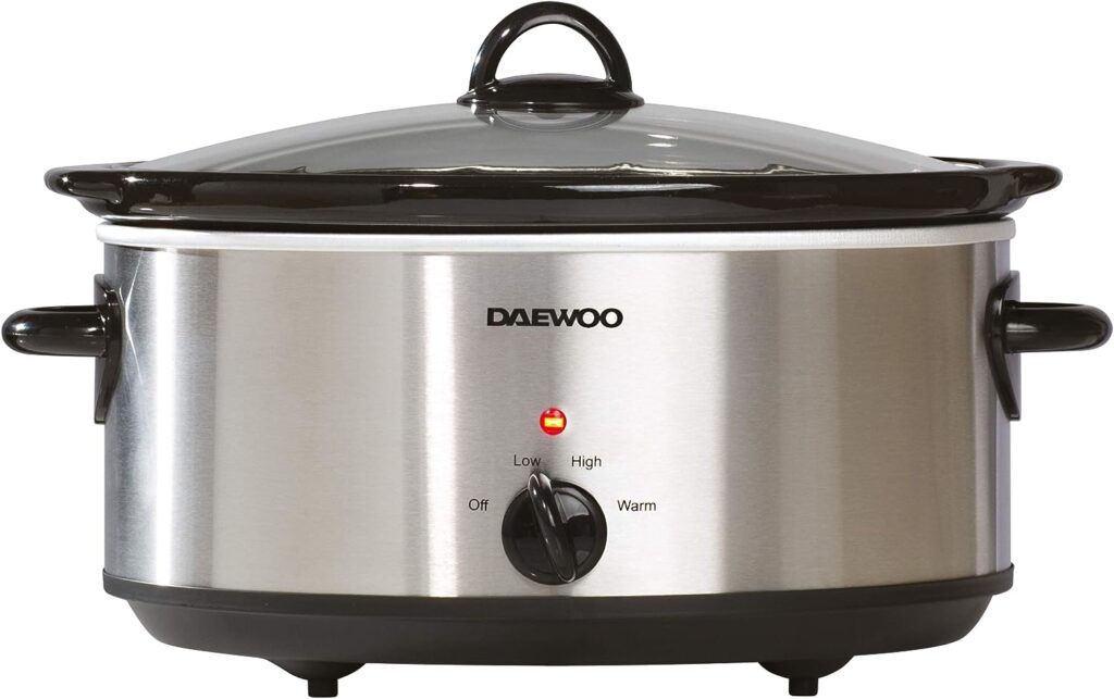 Daewoo Stainless Steel Slow Cooker With 3 Heat Settings And Power Indicator, Dishwasher Safe and Carry Handles With Raised Feet, Easy Clean, 6.5-Litres