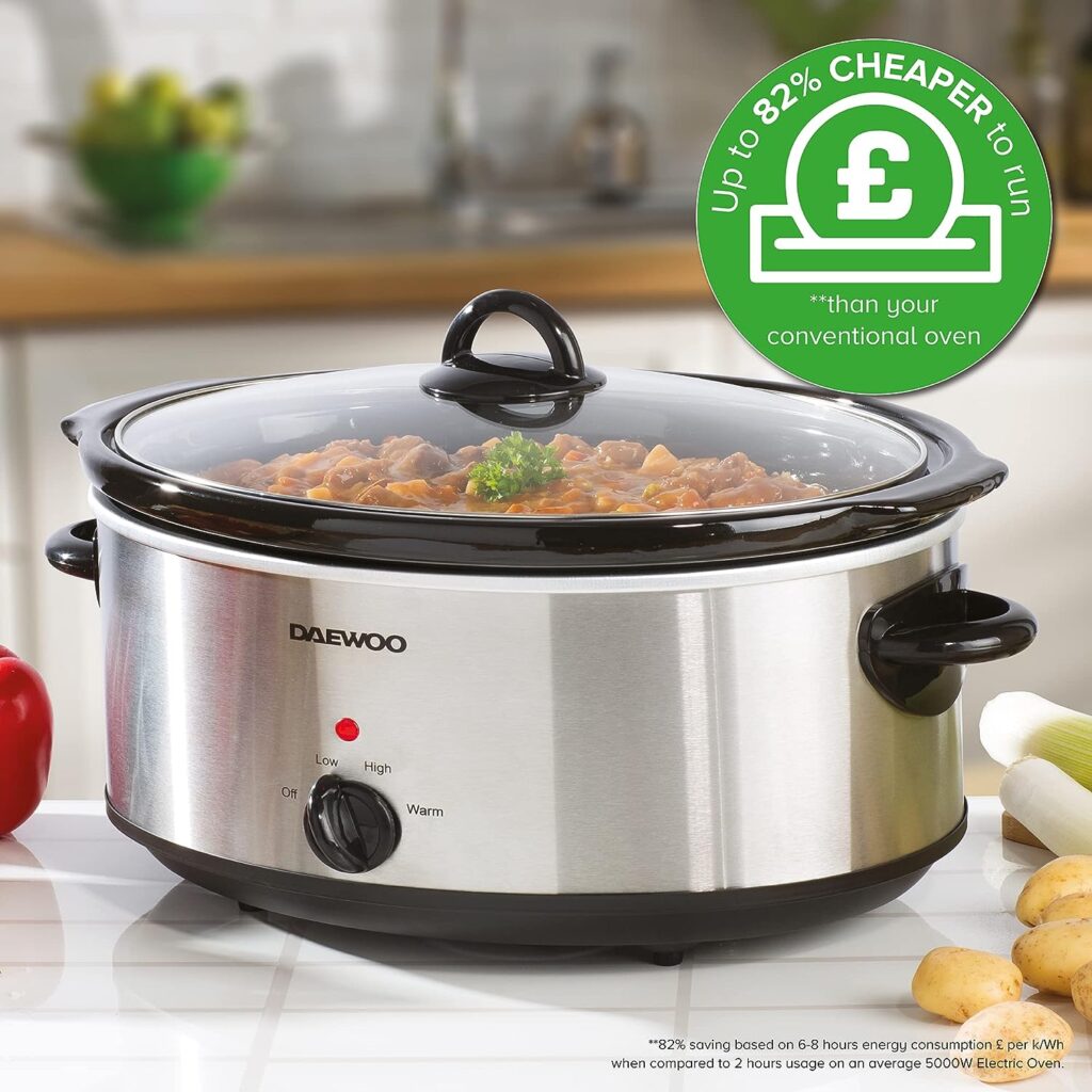 Daewoo Stainless Steel Slow Cooker With 3 Heat Settings And Power Indicator, Dishwasher Safe and Carry Handles With Raised Feet, Easy Clean, 6.5-Litres