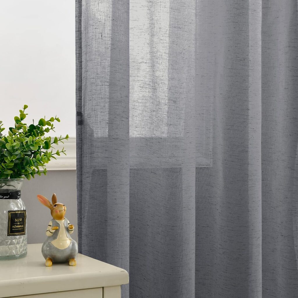 DWCN Semi Sheer linen Curtains for Living Room Linen Textured Voile Curtains Eyelet Top Decorative Curtain Drapes for Bedroom,2 Panels,dark grey,W 52 x L 84