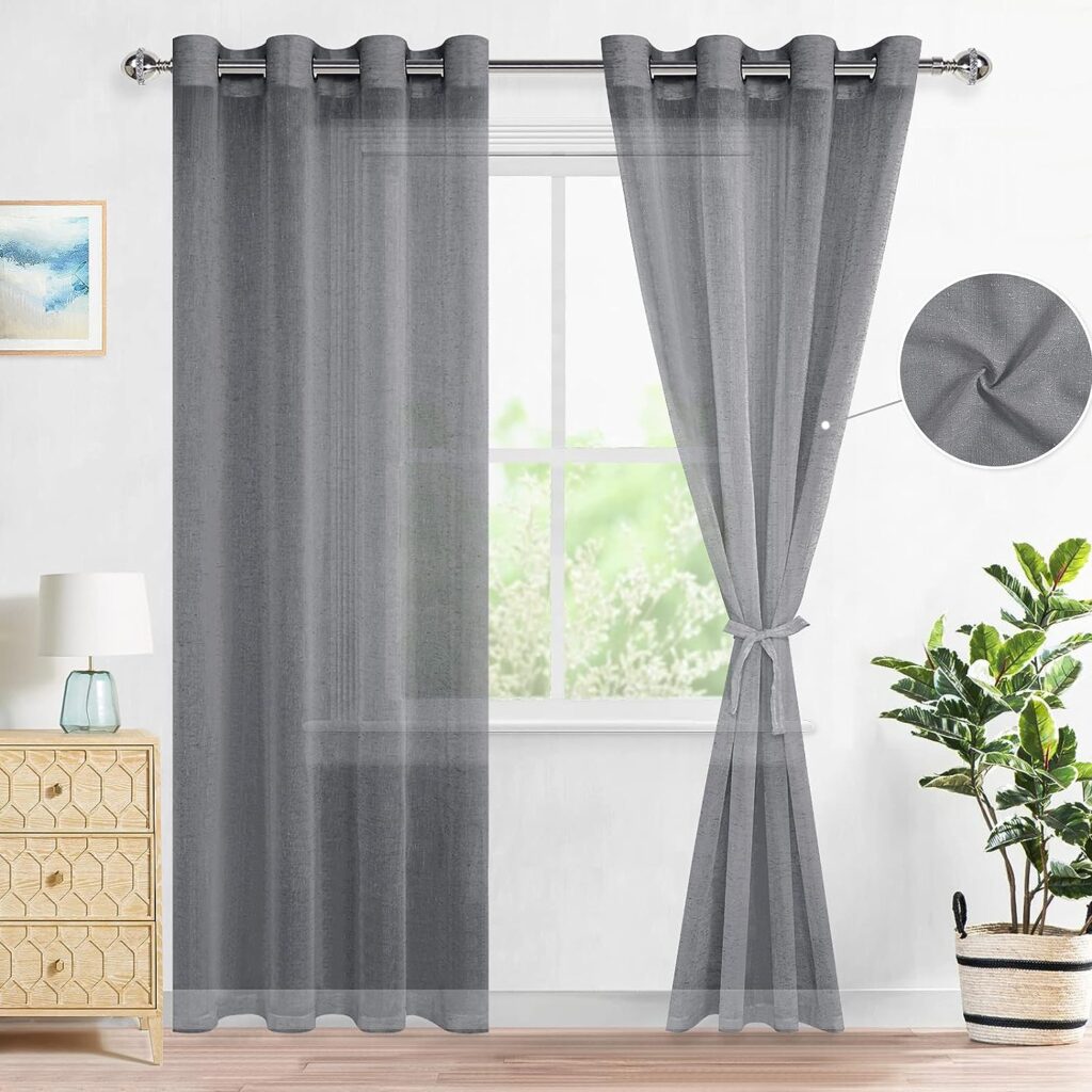 DWCN Semi Sheer linen Curtains for Living Room Linen Textured Voile Curtains Eyelet Top Decorative Curtain Drapes for Bedroom,2 Panels,dark grey,W 52 x L 84