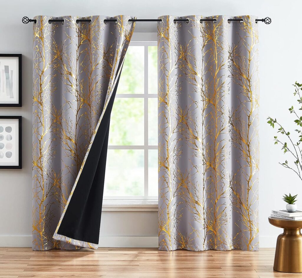 Fmfunctex Grey Blackout Curtains 54 Gold Tree Branch Window Panels Modern Thermal Insulated Energy Efficient Curtain Drapes for Bedroom Living Room Grommet Top 2Pcs