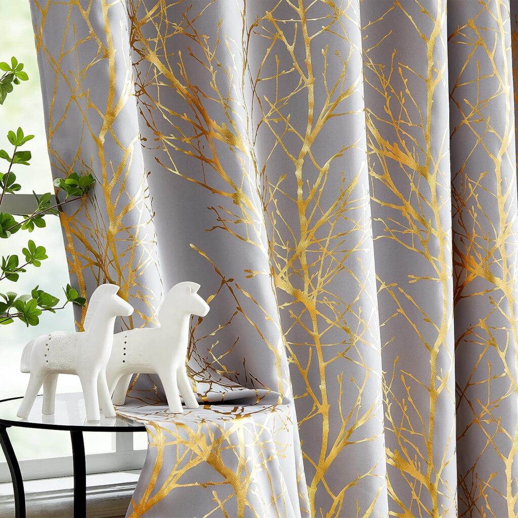 Fmfunctex Grey Blackout Curtains 54 Gold Tree Branch Window Panels Modern Thermal Insulated Energy Efficient Curtain Drapes for Bedroom Living Room Grommet Top 2Pcs