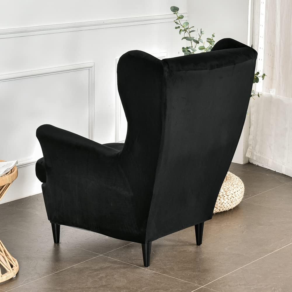 Highdi Wingback Chair Covers 2 Piece Stretch Wing Chair Slipcover, Fashion Solid color Velvet Strandmon Sofa Cover Furniture Protector for Armchair Chairs Living Room Bedroom Hotel (Black)
