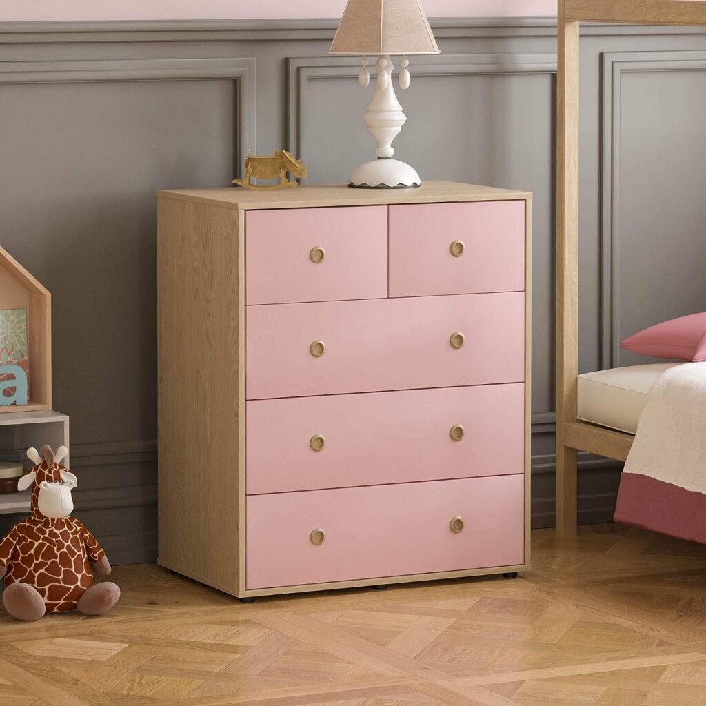 Junior Vida Neptune 5 Drawer Chest of Drawers Cabinet Storage Modern Bedroom Childrens Kids Furniture (Pink Oak)