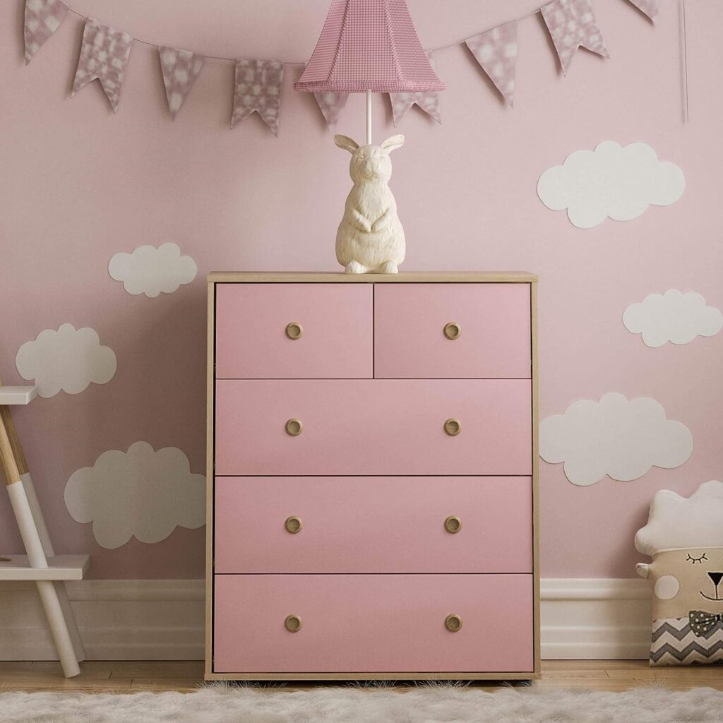 Junior Vida Neptune 5 Drawer Chest of Drawers Cabinet Storage Modern Bedroom Childrens Kids Furniture (Pink Oak)