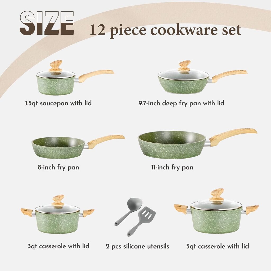 Kitchen Academy Induction Cookware Sets - 12 Piece Cooking Pan Nonstick Set, Granite Green Pots and Pans Set