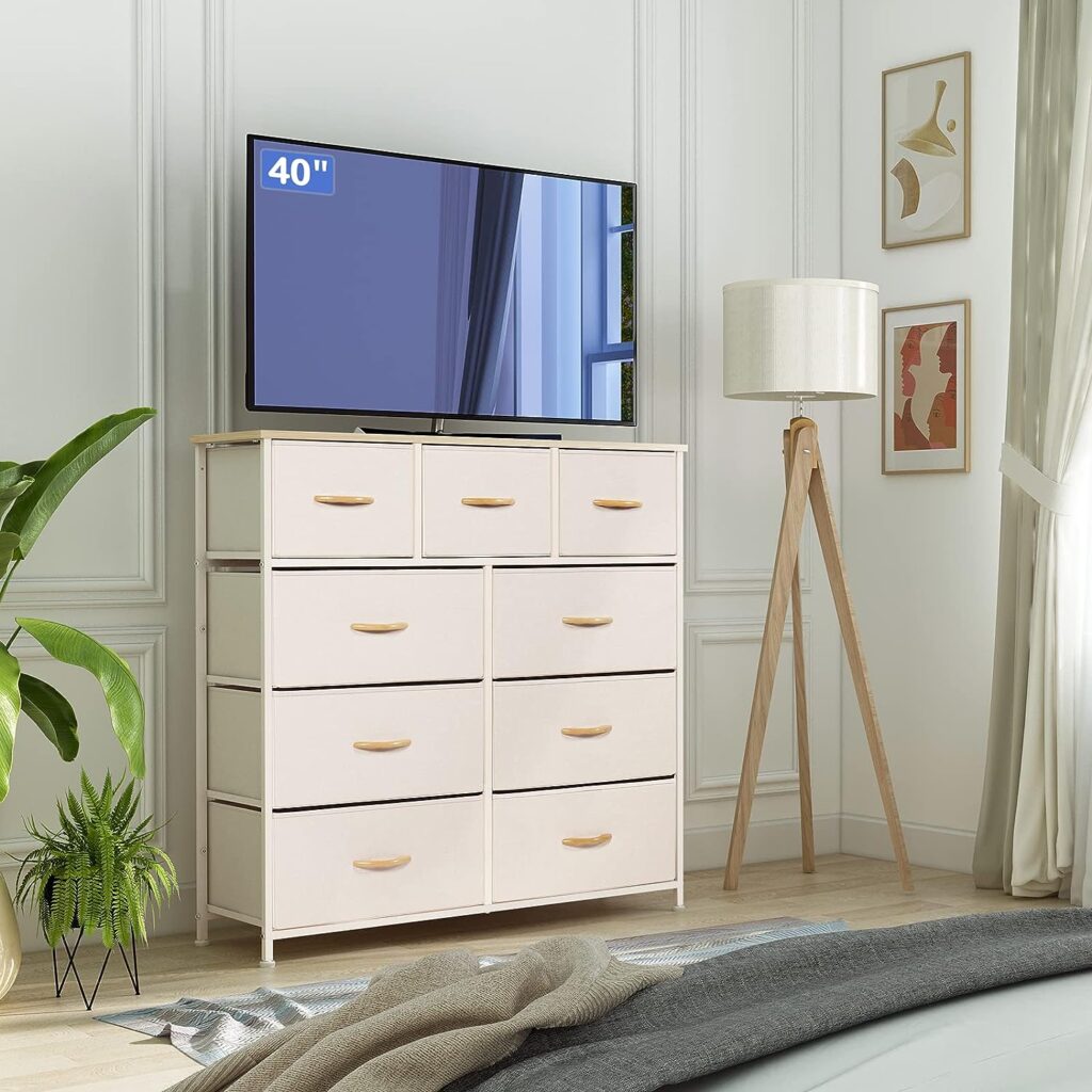 LYNCOHOME Chest of Drawers, Bedroom Drawers, Fabric Dresser with Wood Top and Large Storage Space, Easy to Assemble, for Bedroom, Living room, Kids room, Closet (Beige, 9 Drawers)