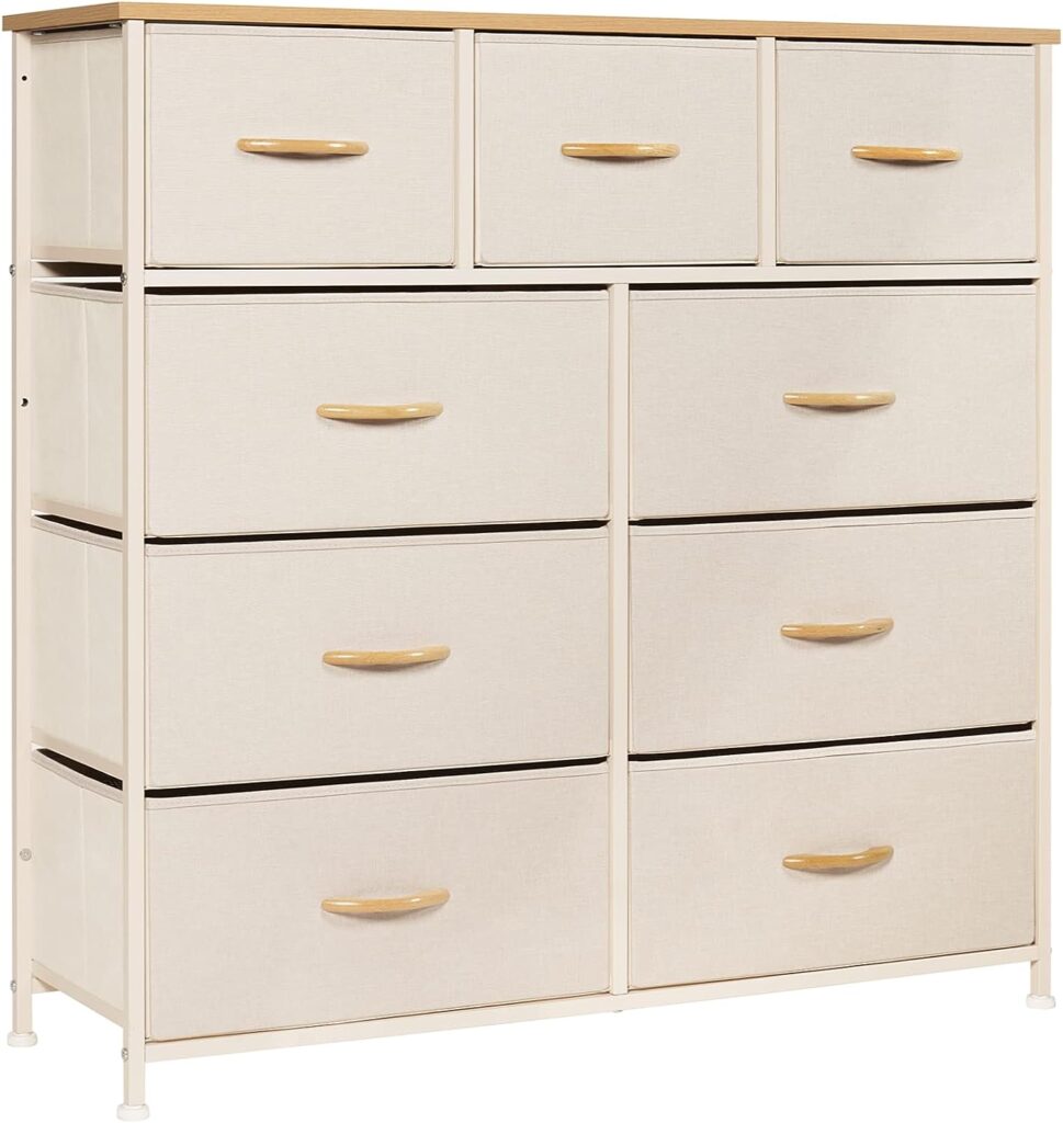 LYNCOHOME Chest of Drawers, Bedroom Drawers, Fabric Dresser with Wood Top and Large Storage Space, Easy to Assemble, for Bedroom, Living room, Kids room, Closet (Beige, 9 Drawers)