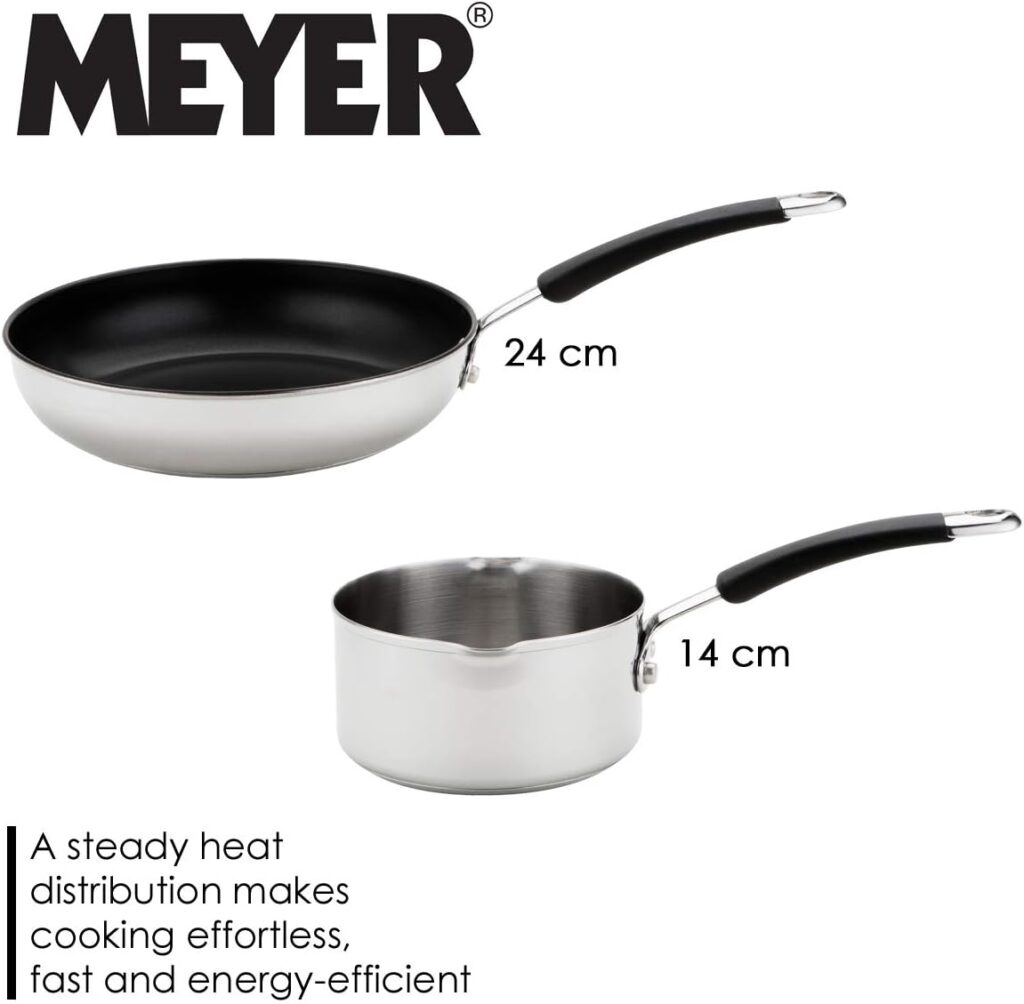 Meyer Stainless Steel Pan Set of 5 - Induction Hob Suitable Pots and Pans Set with Toughened Glass Lids Soft Grip Heat Resistant Handles, Silver Cookware Set with 10 Year Guarantee