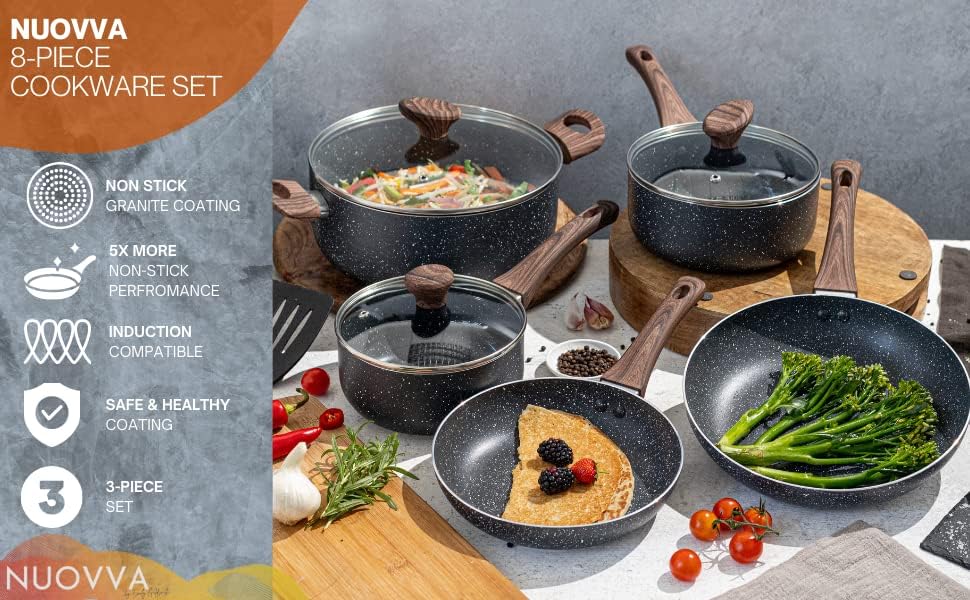 Non Stick Pots and Pans Set – Induction Hob Pot Set – 8pcs Kitchen Cookware with Lids – Cooking Marble Saucepan Pots and Frying Pans – by Nuovva