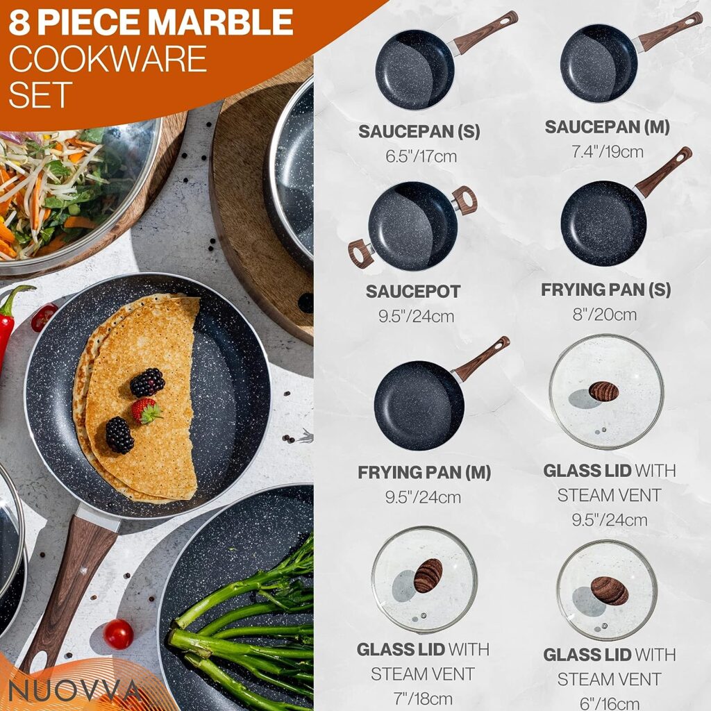 Non Stick Pots and Pans Set – Induction Hob Pot Set – 8pcs Kitchen Cookware with Lids – Cooking Marble Saucepan Pots and Frying Pans – by Nuovva