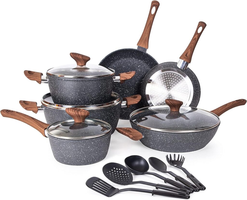 Non Stick Pots and Pans Set – Induction Hob Pots Set – 15pcs Kitchen Cookware with Lids – Cooking Marble Saucepan Pots - by Nuovva