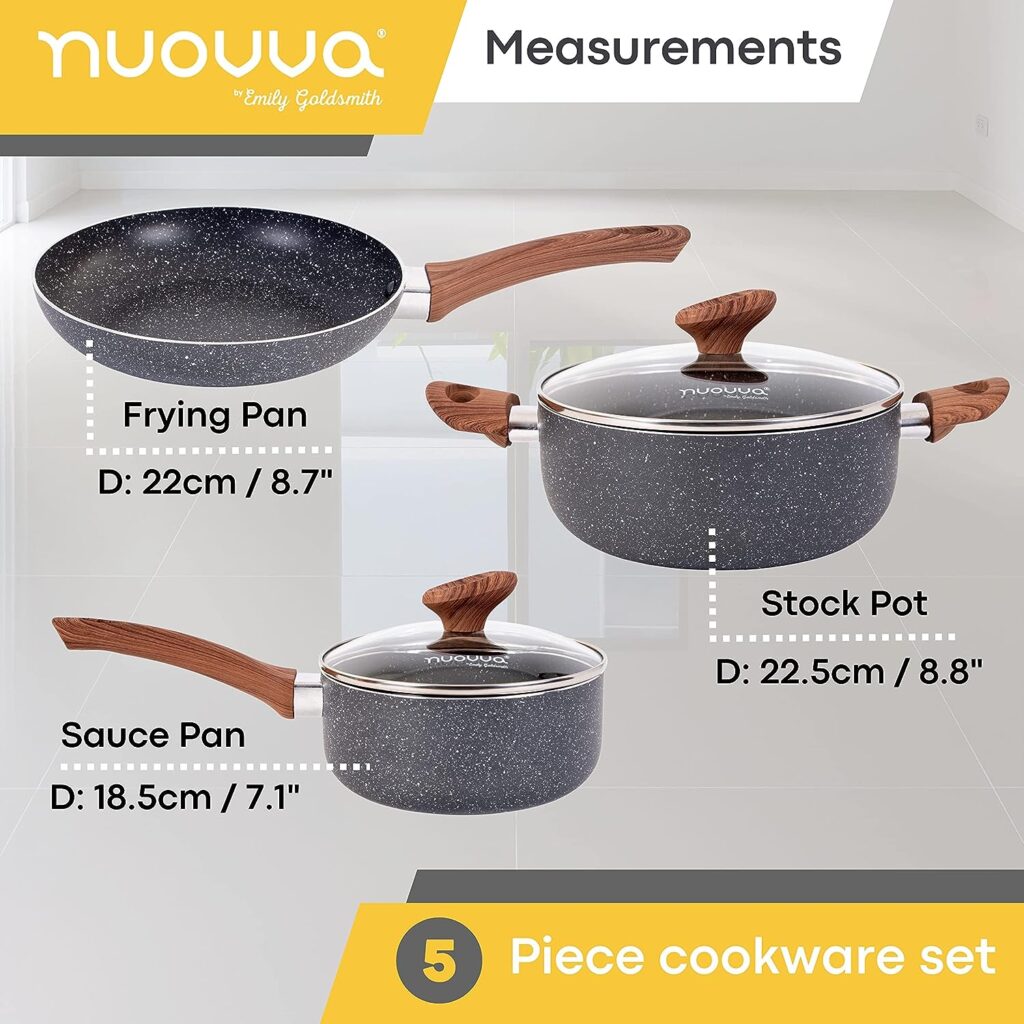 Non Stick Pots and Pans Set – Induction Hob Pots Set – 5pcs Kitchen Cookware with Lids – Cooking Marble Saucepan Pots and Frying Pans – by Nuovva