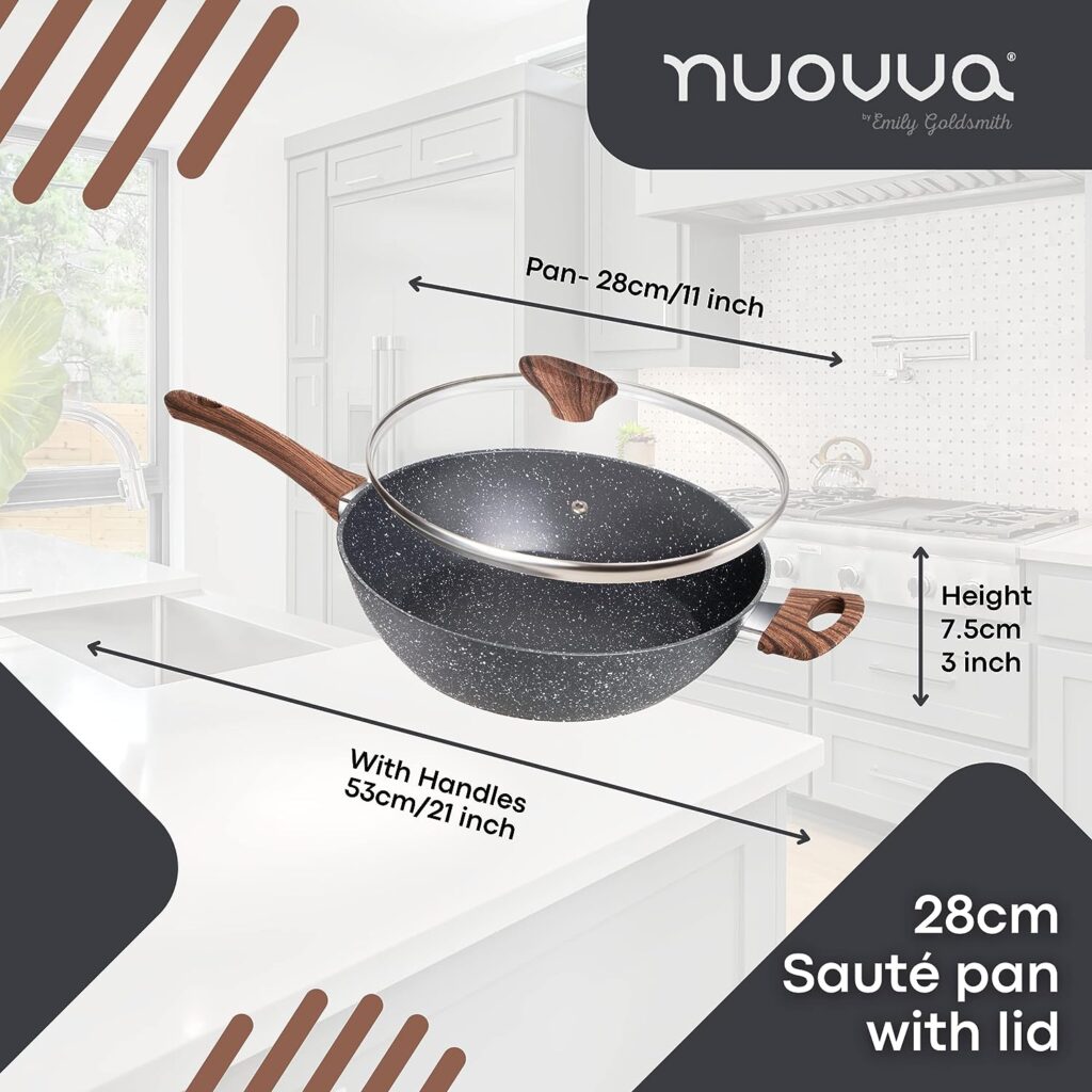 nuovva Non Stick Saute Pan – Induction Hob Saucepan with Lid – Kitchen Pan Cookware – 28cm Marble Chefs Pan