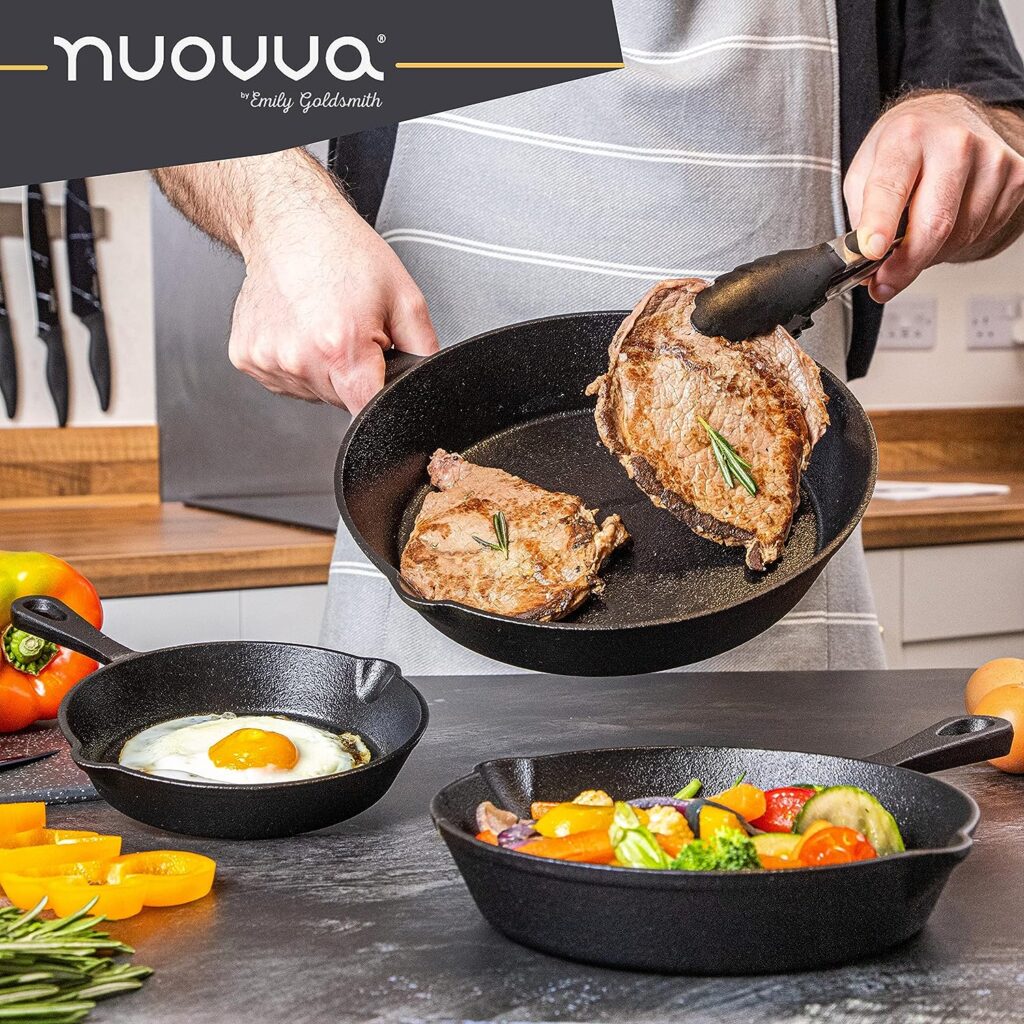 nuovva Pre-Seasoned Cast Iron Skillet Frying Pans Oven Safe Cookware for Indoor Outdoor Use - Grill, StoveTop, Black (3-Piece Chef Set 6-Inch 15cm, 8-Inch 20cm, 10-Inch 25cm)