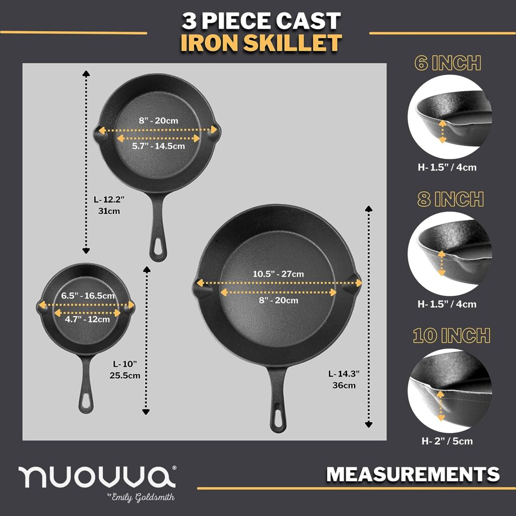 nuovva Pre-Seasoned Cast Iron Skillet Frying Pans Oven Safe Cookware for Indoor Outdoor Use - Grill, StoveTop, Black (3-Piece Chef Set 6-Inch 15cm, 8-Inch 20cm, 10-Inch 25cm)