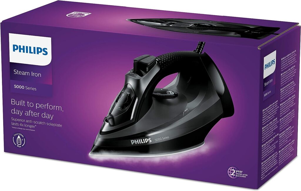 Philips Steam Iron Series 5000, 2600 W power, 45 g/min Continuous Steam, 200 g Steam Boost, SteamGlide Plus, DST5040/86, Black