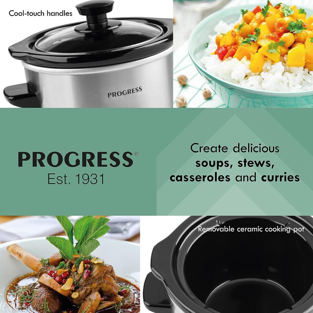 Progress EK2621P Stainless Steel Slow Cooker With Lid - 3 Heat Settings, 1.5L Removable Easy Clean Ceramic Bowl, Serves 1-2 People, Energy Efficient, Versatile Batch Cooking, Power Indicator Lights