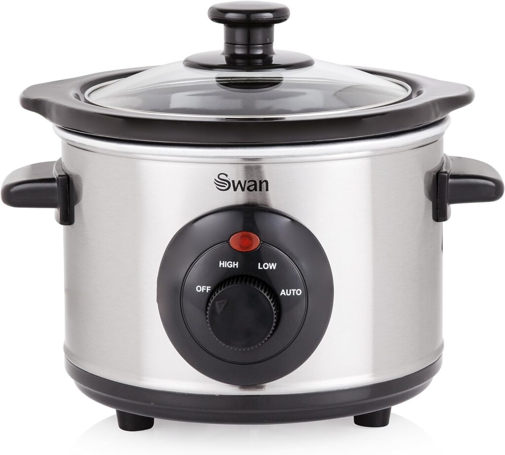 Swan SF17010N 1.5 Litre Round Stainless Steel Slow Cooker with 3 Cooking Settings, 120W, Silver