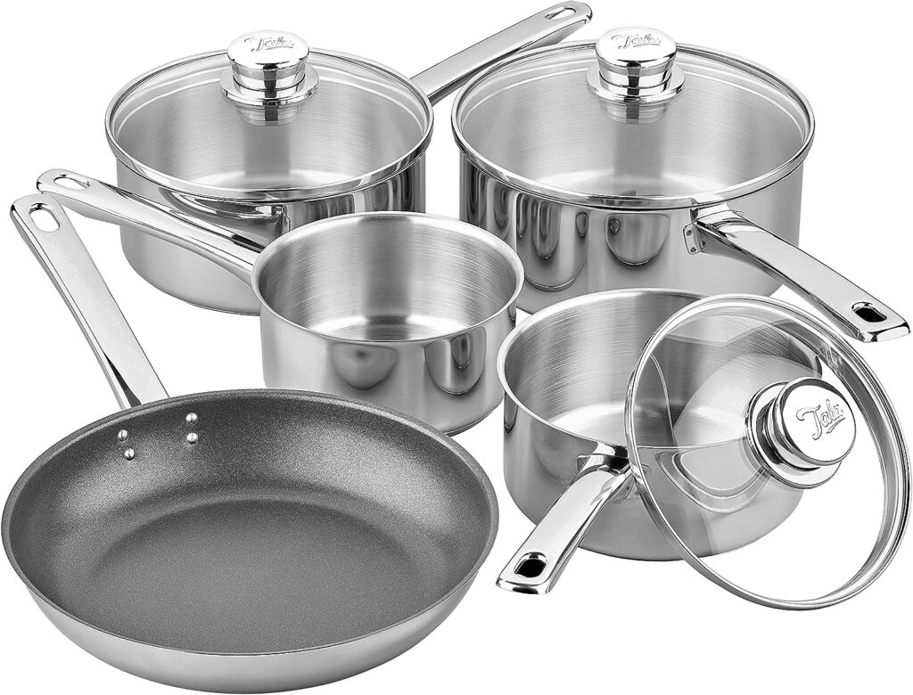 Tala Performance 5 Pc Stainless Steel Cookware Set containing Saucepans Glass lids, 16, 18 and 20cm. 14cm Milk pan, 24cm Non-Stick Fry Pan, 5 Pc Set, Polished Mirror Shine Finish