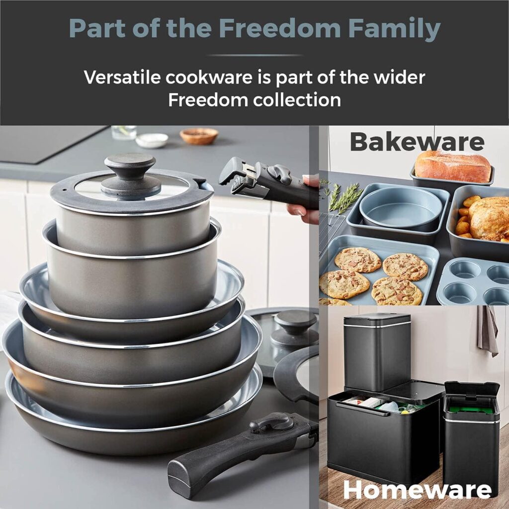 Tower Freedom T800200 13 Piece Cookware Set with Ceramic Coating, Stackable Design and Detachable Handles, Graphite, Aluminium