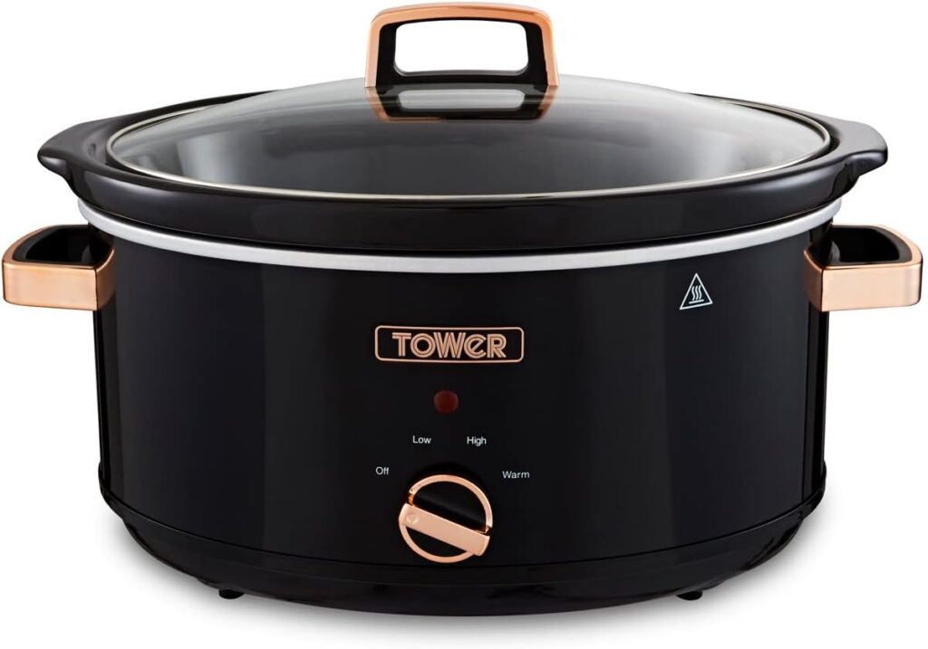 Tower T16019RG Infinity Slow Cooker with 3 Heat Settings Keep Warm Function, 6.5L, 270W, Black and Rose Gold