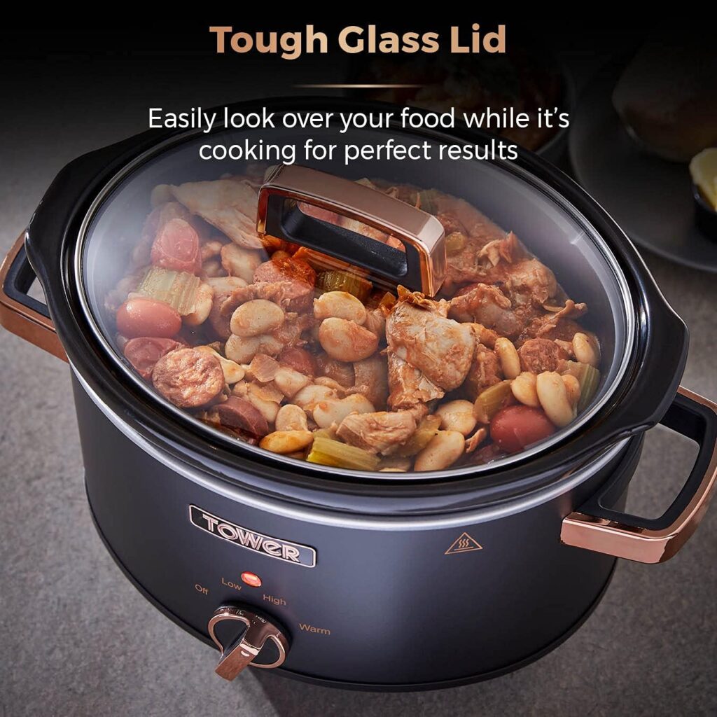 Tower T16042BLK Cavaletto 3.5 Litre Slow Cooker with 3 Heat Settings, Removable Pot and Cool Touch Handles, Black and Rose Gold