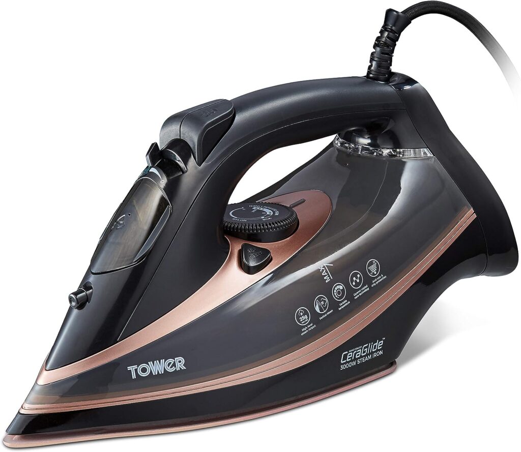 Tower T22013 CeraGlide Steam Iron, Ceramic Sole Plate, 3100 W, Rose Gold and Black.