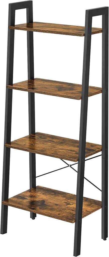 VASAGLE Ladder Shelf, Bookshelf, 4-Tier Industrial Storage Rack for Living Room, Bedroom, Kitchen, Rustic Brown and Black LLS44X