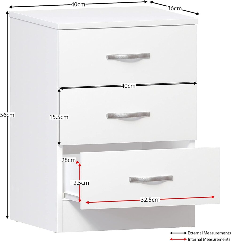 Vida Designs White Bedside Cabinet Chest of Drawers, 3 Drawer With Metal Handles and Runners, Unique Anti-Bowing Drawer Support, Riano Bedroom Furniture